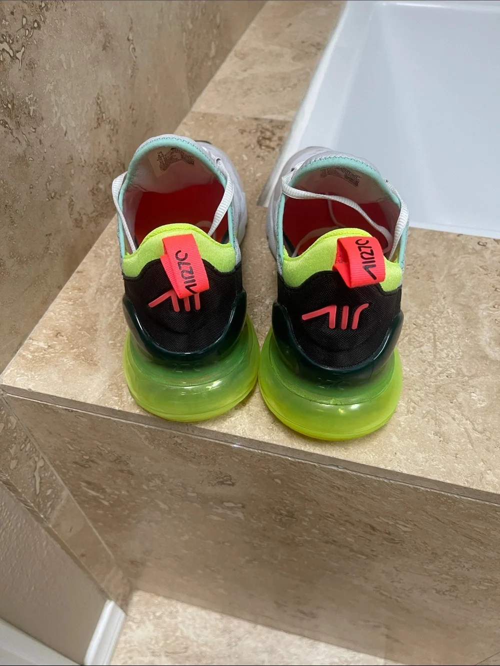 Nike Air270 Athletic Shoes in White with Neon Green & Coral Accents